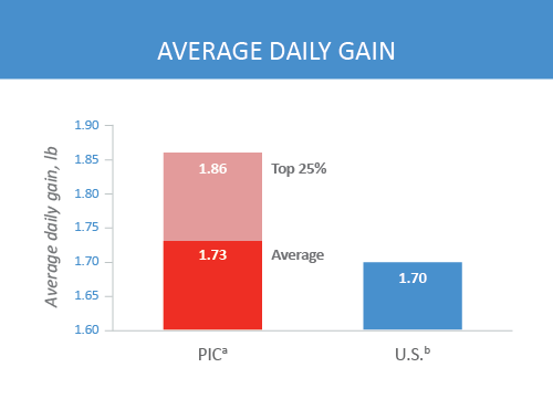 The PIC®337's offspring achieve higher average daily gain and feed conversion ratio compared to the national average.