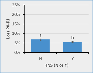 Bar chart comparing losses from parity 0 to parity 1 for gilts with and without Heat No Service (HNS). Gilts without HNS have higher losses than those with HNS. 
